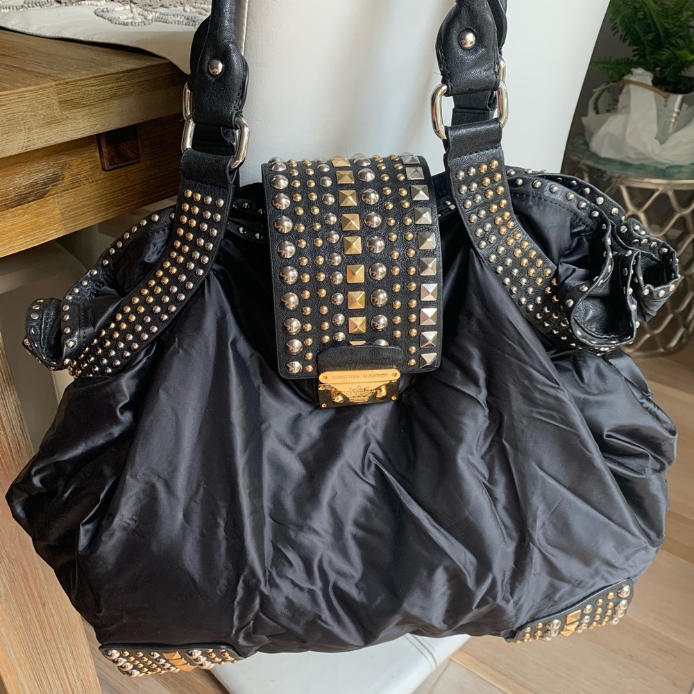 Christian Audigier Studded Brown Nylon Bag